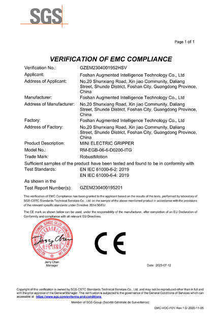 Trung Quốc Foshan Augmented Intelligence Technology Co., Ltd Chứng chỉ